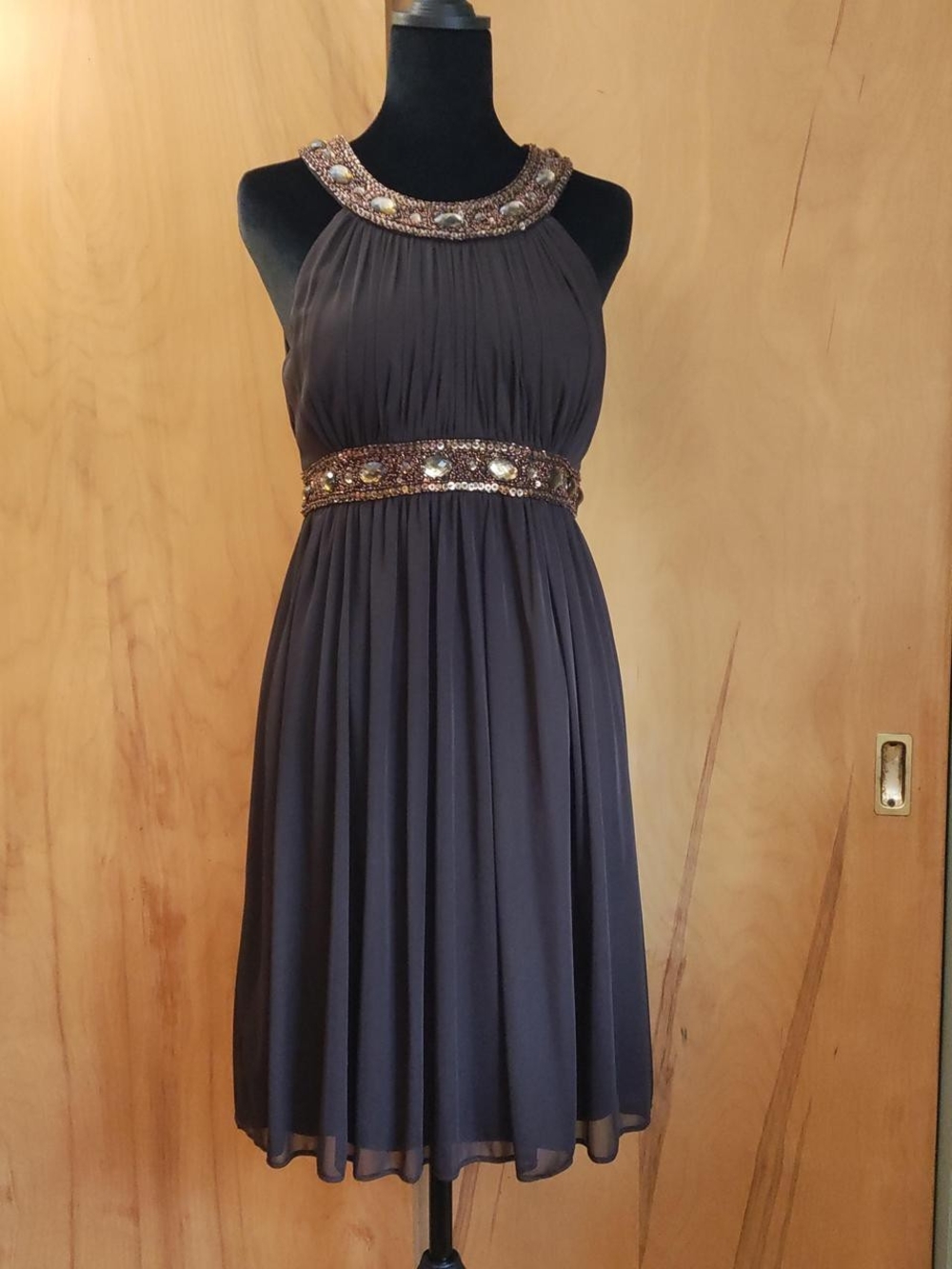 Cache Beaded Halter Midi Dress in Dark Brown with Gold Accents